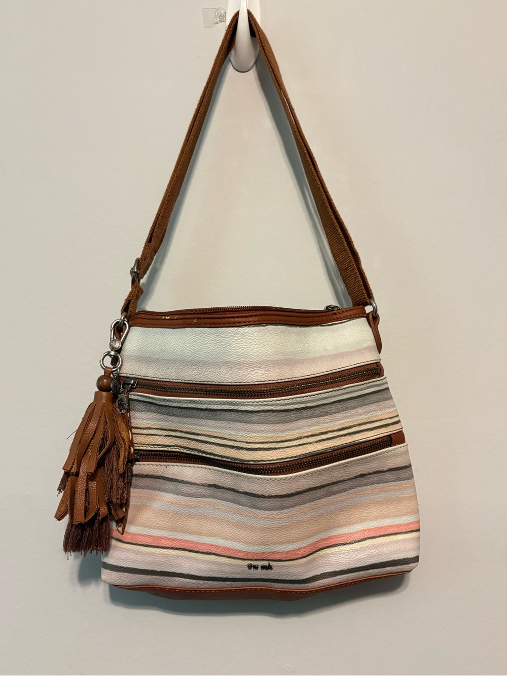 The Sak Striped Neutral Multi-Color Crossbody with Tassel